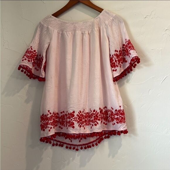 Women's Show Me Your Mum Pink & Red Embroidered Top with Pom Moms - Picture 7 of 7